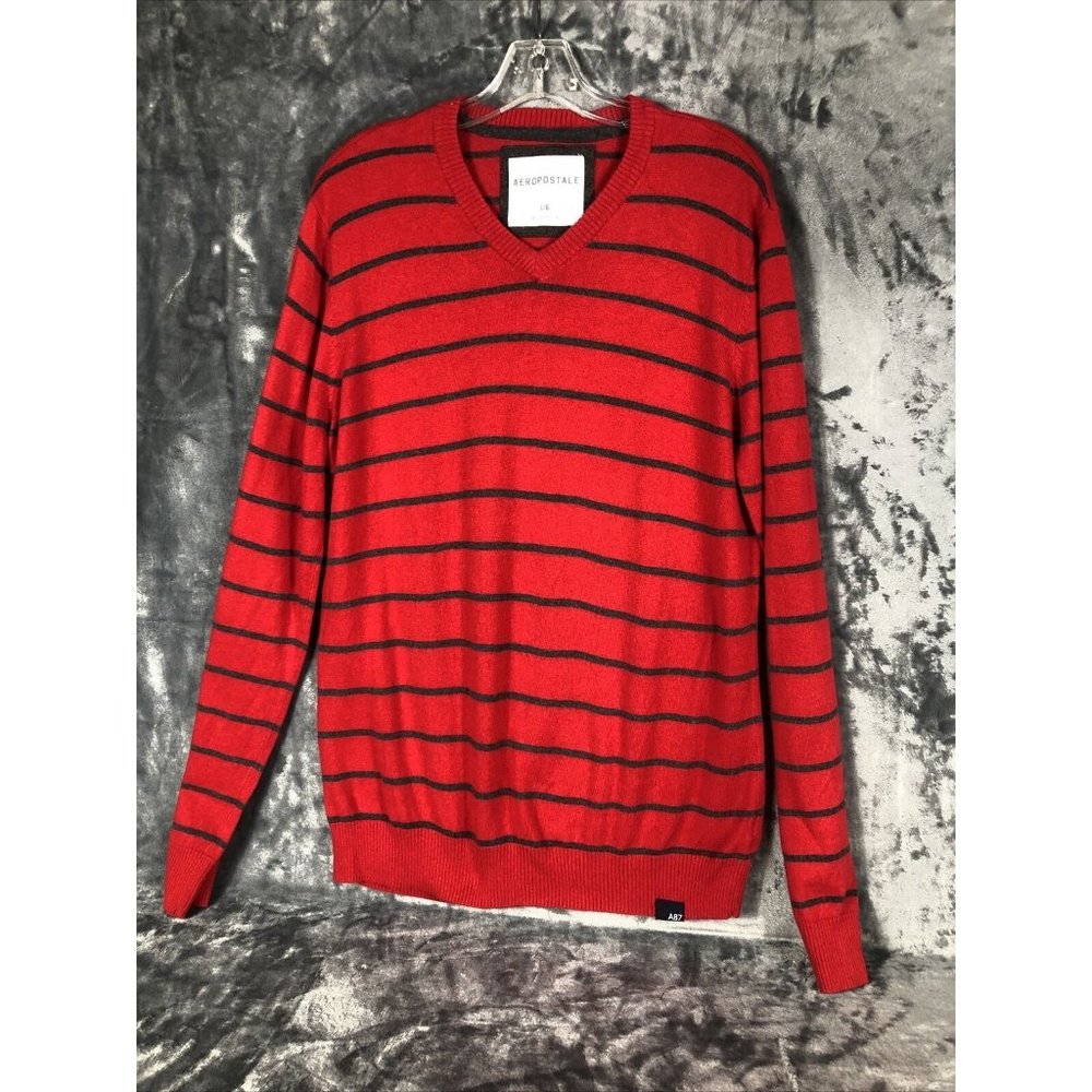 Aeropostale Sweater Men’s Adult Large Red And Gray Striped V-Neck Pullover A87